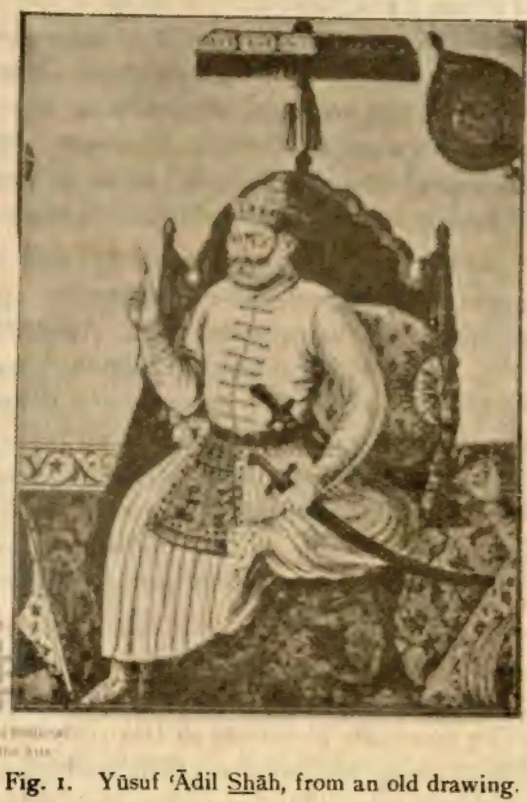 Halftone of a drawing of a bearded king seated on a cushioned throne under a parasol, holding a flower, a sword across his lap.