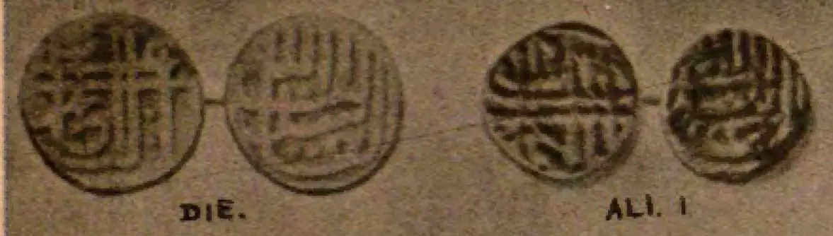 Two drawn coin faces with Persian legends labelled "Die", beside a worn copper coin shown on both faces, labelled "Ali I".