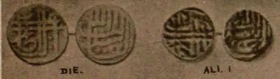 Two drawn coin faces with Persian legends labelled "Die", beside a worn copper coin shown on both faces, labelled "Ali I".