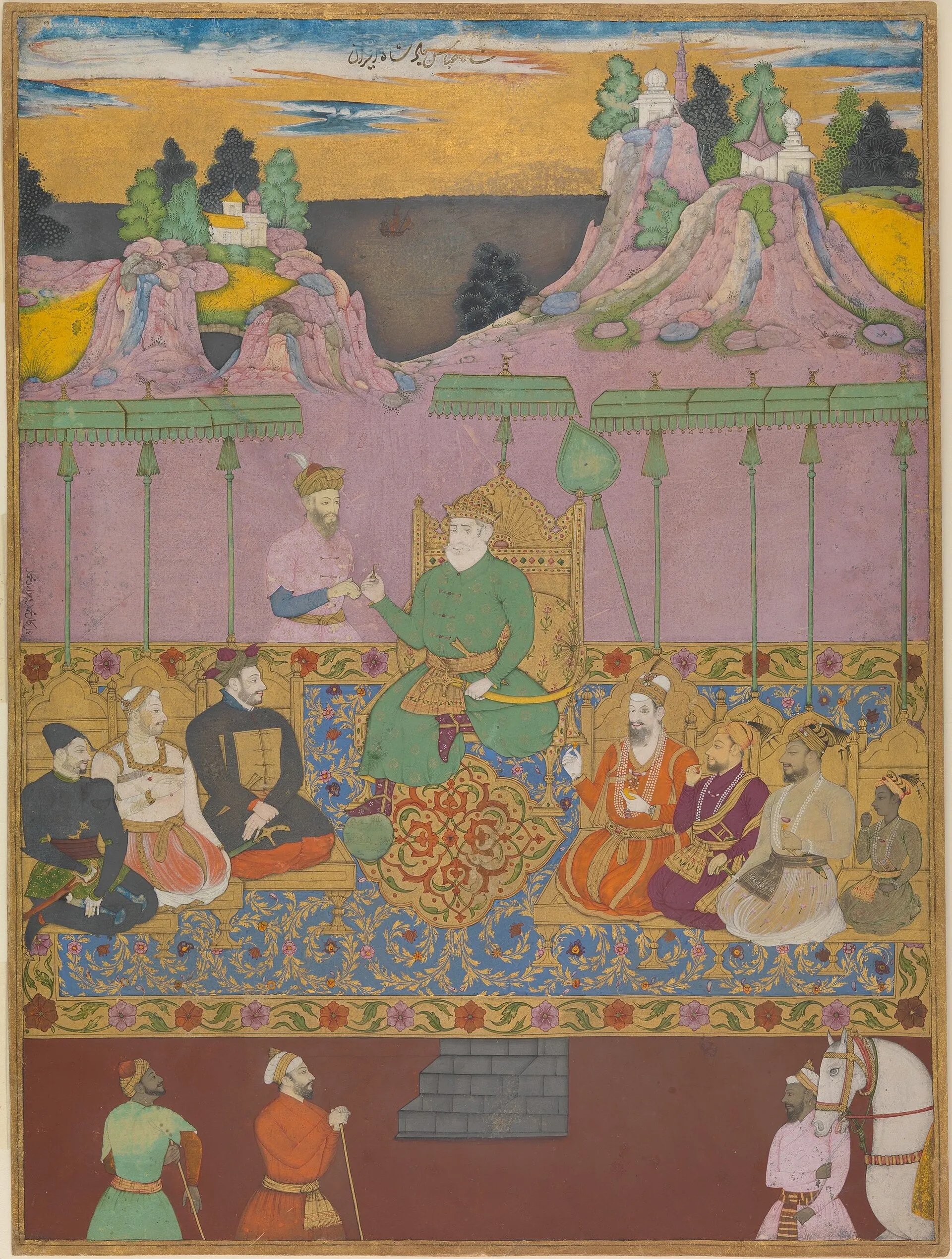 Deccani painting of a royal assembly on a richly patterned carpet under a pink canopy, a king seated on a throne at the centre among enthroned and seated figures, attendants below and a landscape of pink hills above.