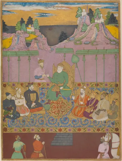 Deccani painting of a royal assembly on a richly patterned carpet under a pink canopy, a king seated on a throne at the centre among enthroned and seated figures, attendants below and a landscape of pink hills above.
