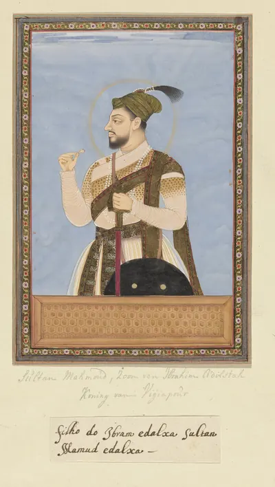 Deccani painting of a bearded king with a halo, in a plumed turban and patterned coat, standing in profile against a pale blue ground with a raised hand, within a decorated border.
