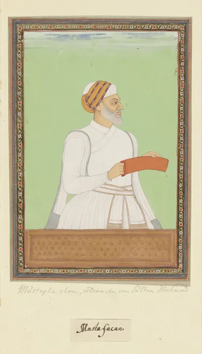 Deccani painting of a white-bearded noble in a white robe and turban, holding a red object, standing against a green ground within a decorated border.