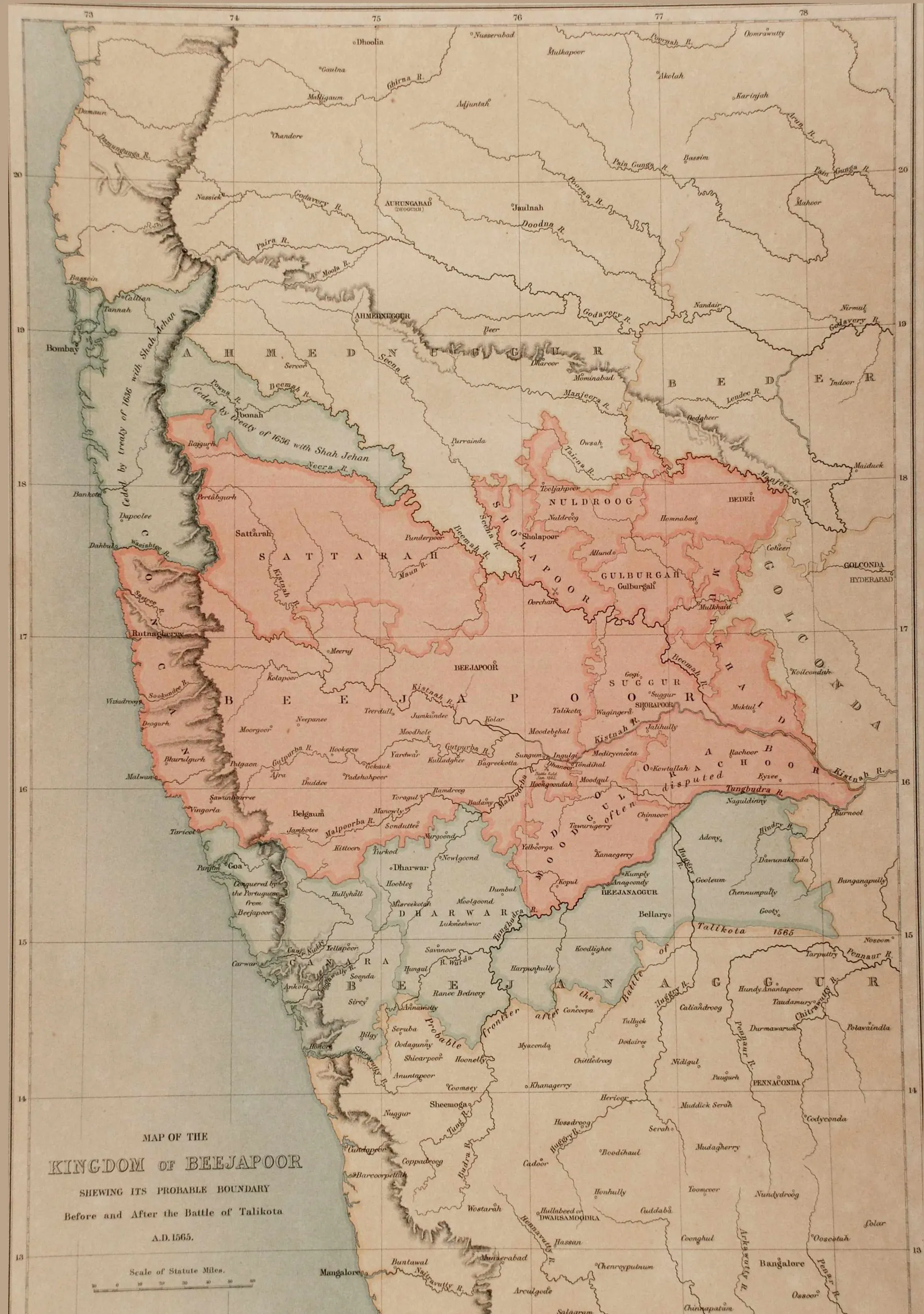 Hand-coloured map of the western Deccan from the Godavari to Mangalore; the kingdom of Bijapur before 1565 is tinted pink, and a green-tinted band south of the Tungabhadra around Bellary, Adoni and Gooty marks the probable frontier after Talikota; the Raichur doab is marked "often disputed".