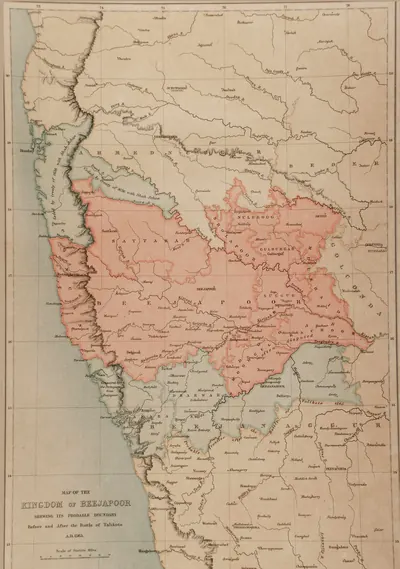 Hand-coloured map of the western Deccan from the Godavari to Mangalore; the kingdom of Bijapur before 1565 is tinted pink, and a green-tinted band south of the Tungabhadra around Bellary, Adoni and Gooty marks the probable frontier after Talikota; the Raichur doab is marked "often disputed".