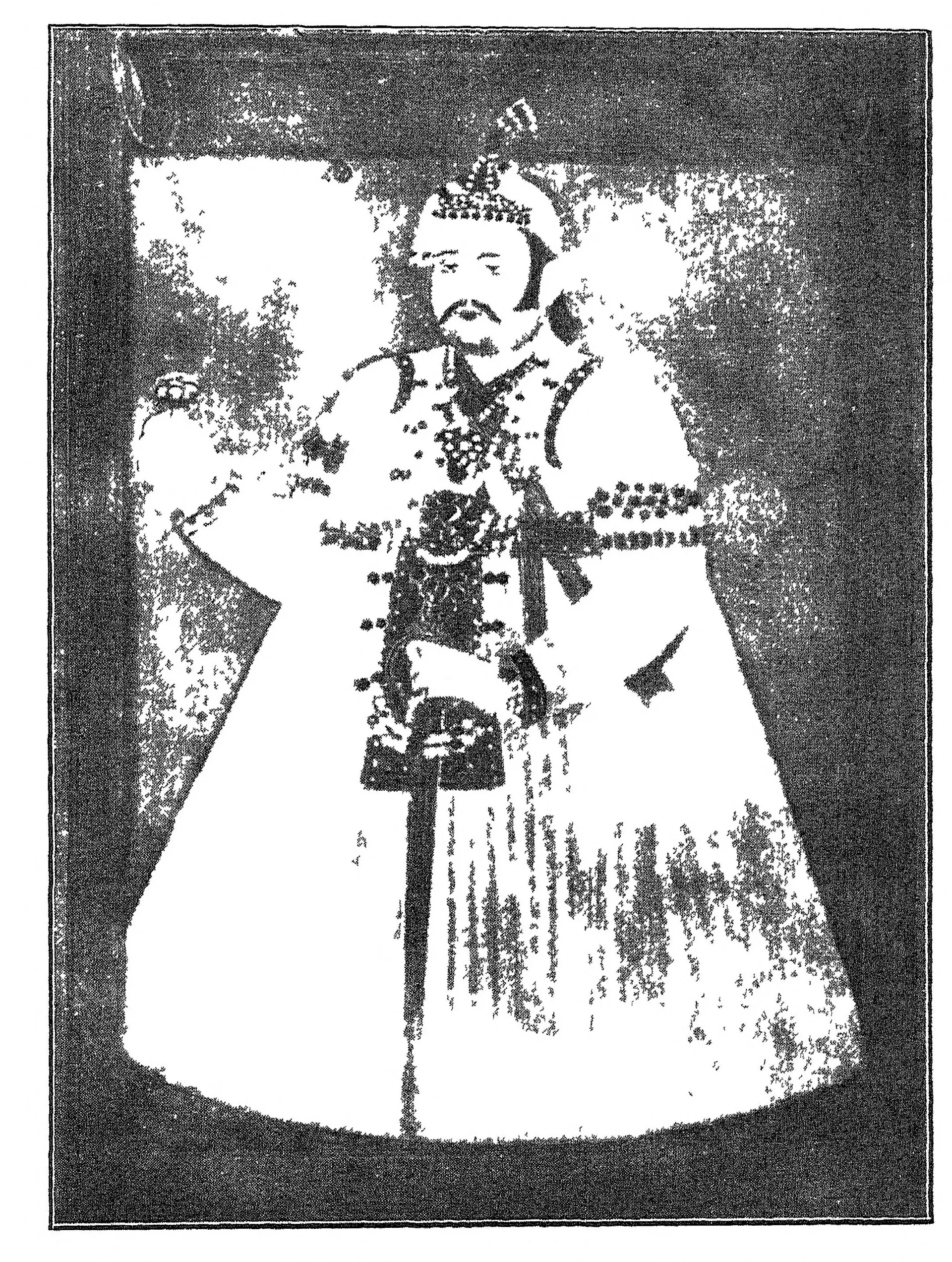 Reproduction of a painted portrait of Afzal-ud-daula standing full length in a jewelled turban and a long white robe.