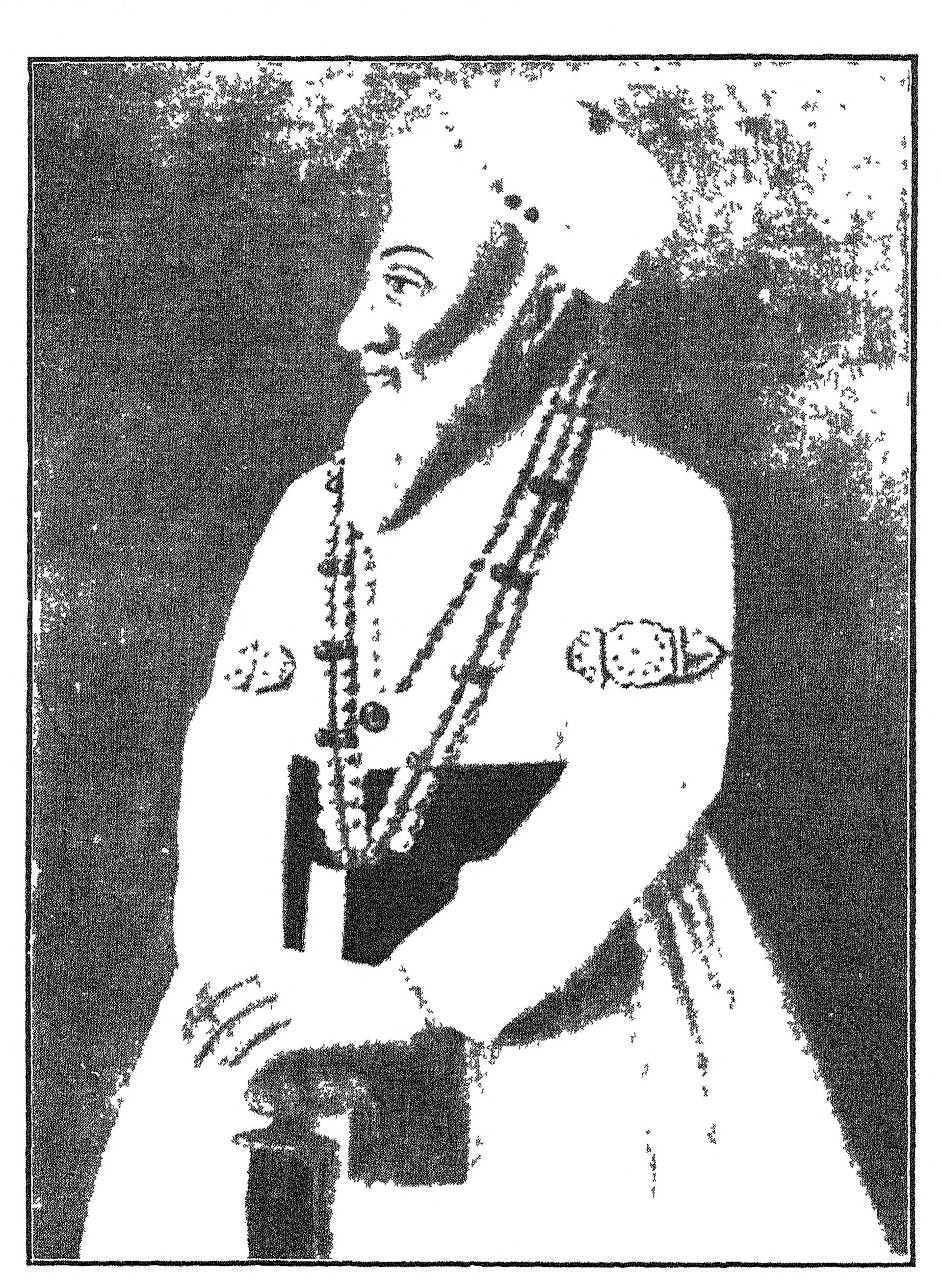 Reproduction of a painted portrait of Asaf Jah I, an old bearded man in profile, in a turban, ropes of pearls and a long white robe with a dark sash, his hands resting on a sword.