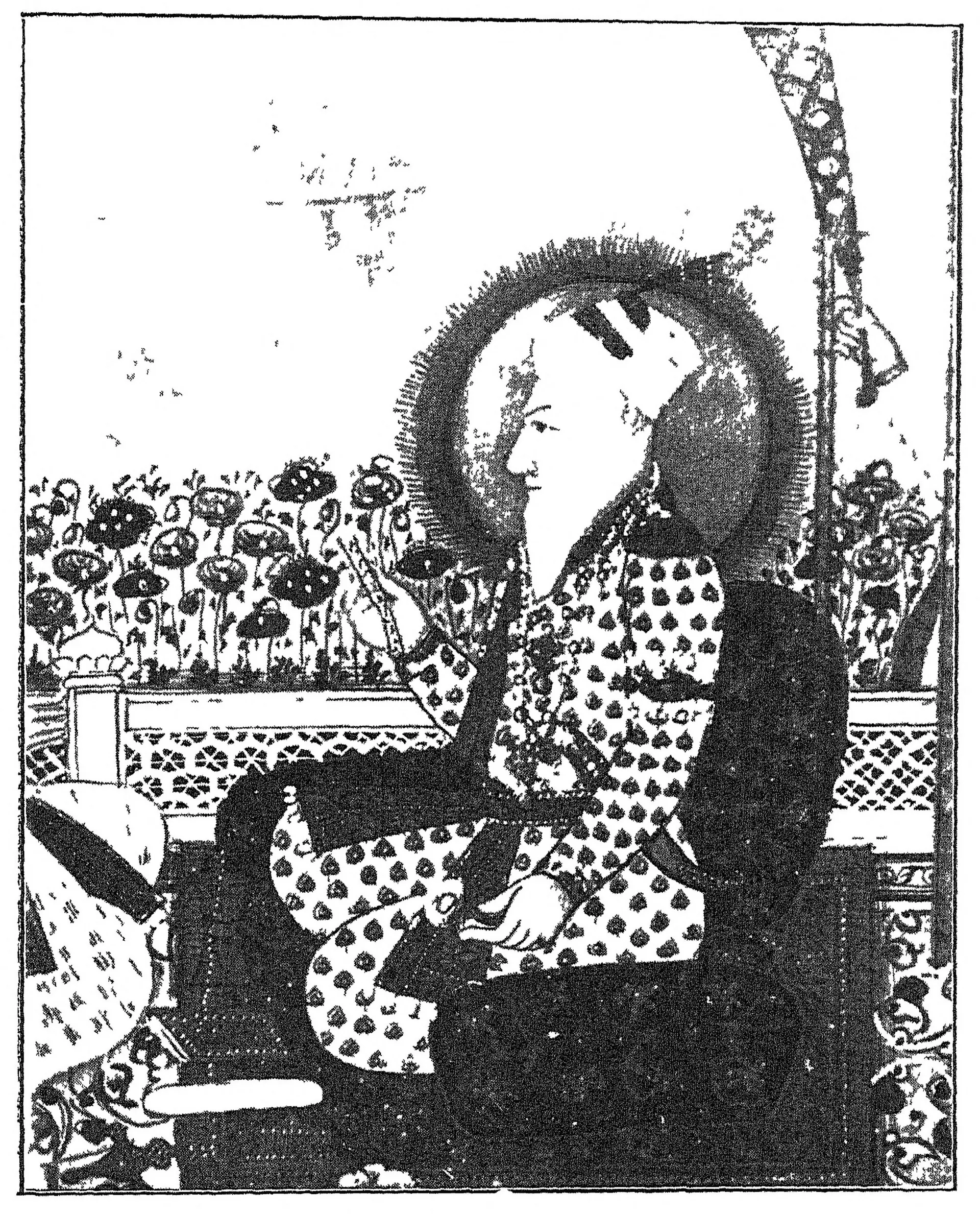Reproduction of a painted portrait of Asaf Jah I seated in profile with a halo, on a terrace before a flower garden, holding a flower.