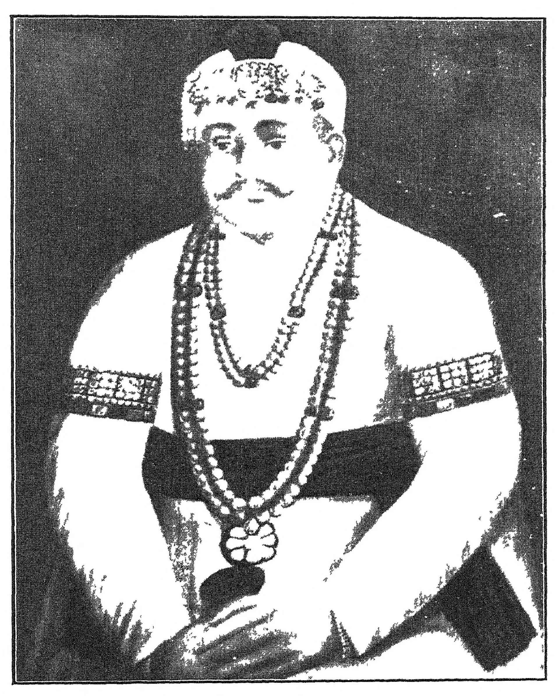 Reproduction of a painted portrait of Nasir-ud-daula seated, half length, in a turban, with ropes of pearls and an armlet.