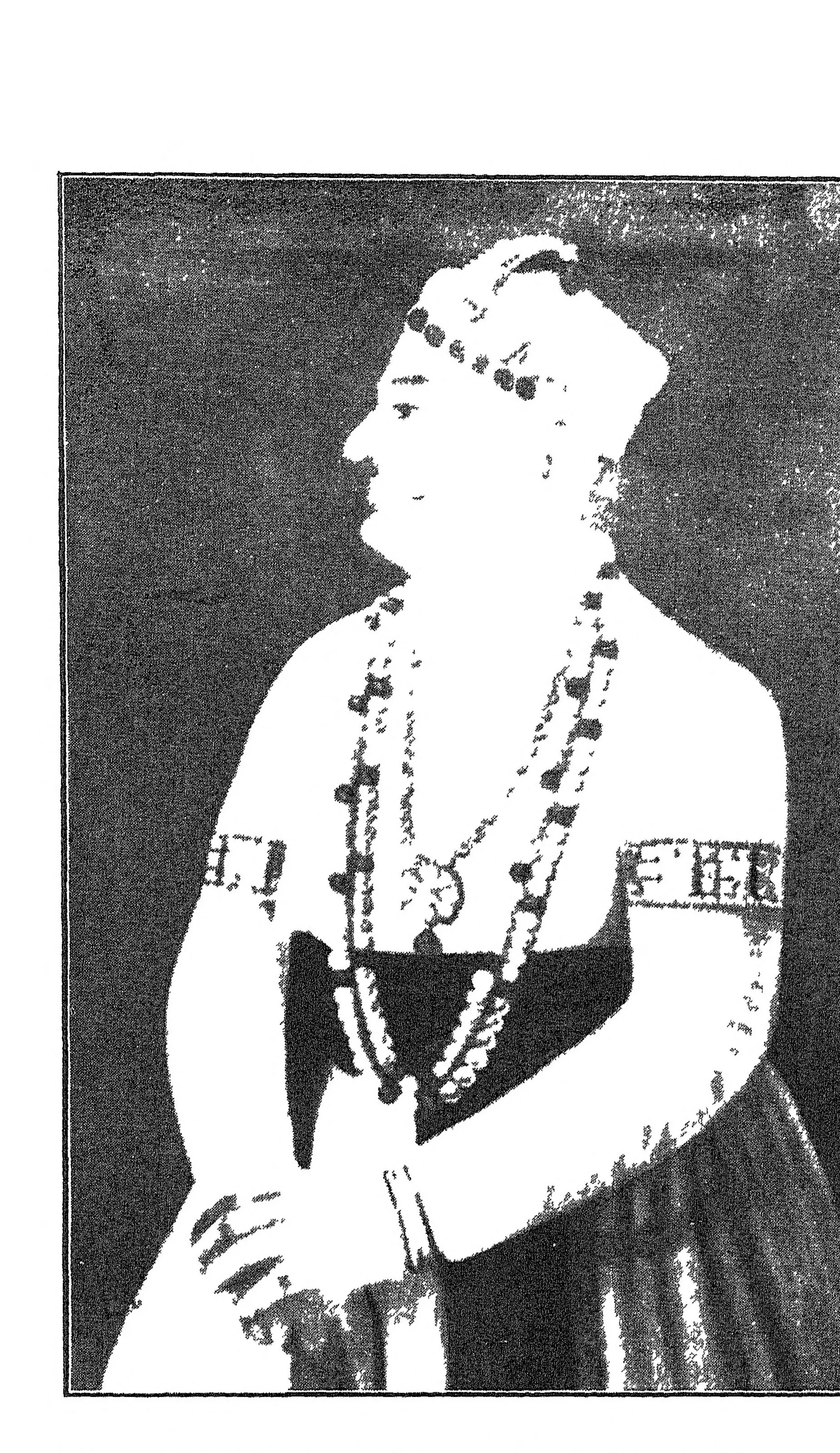 Reproduction of a painted portrait of Nizam Ali Khan standing in profile, in a turban, ropes of pearls, armlets and a long white robe.