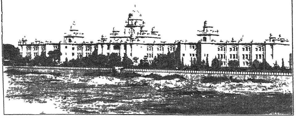 Photograph of the long domed front of the Osmania General Hospital at Hyderabad.