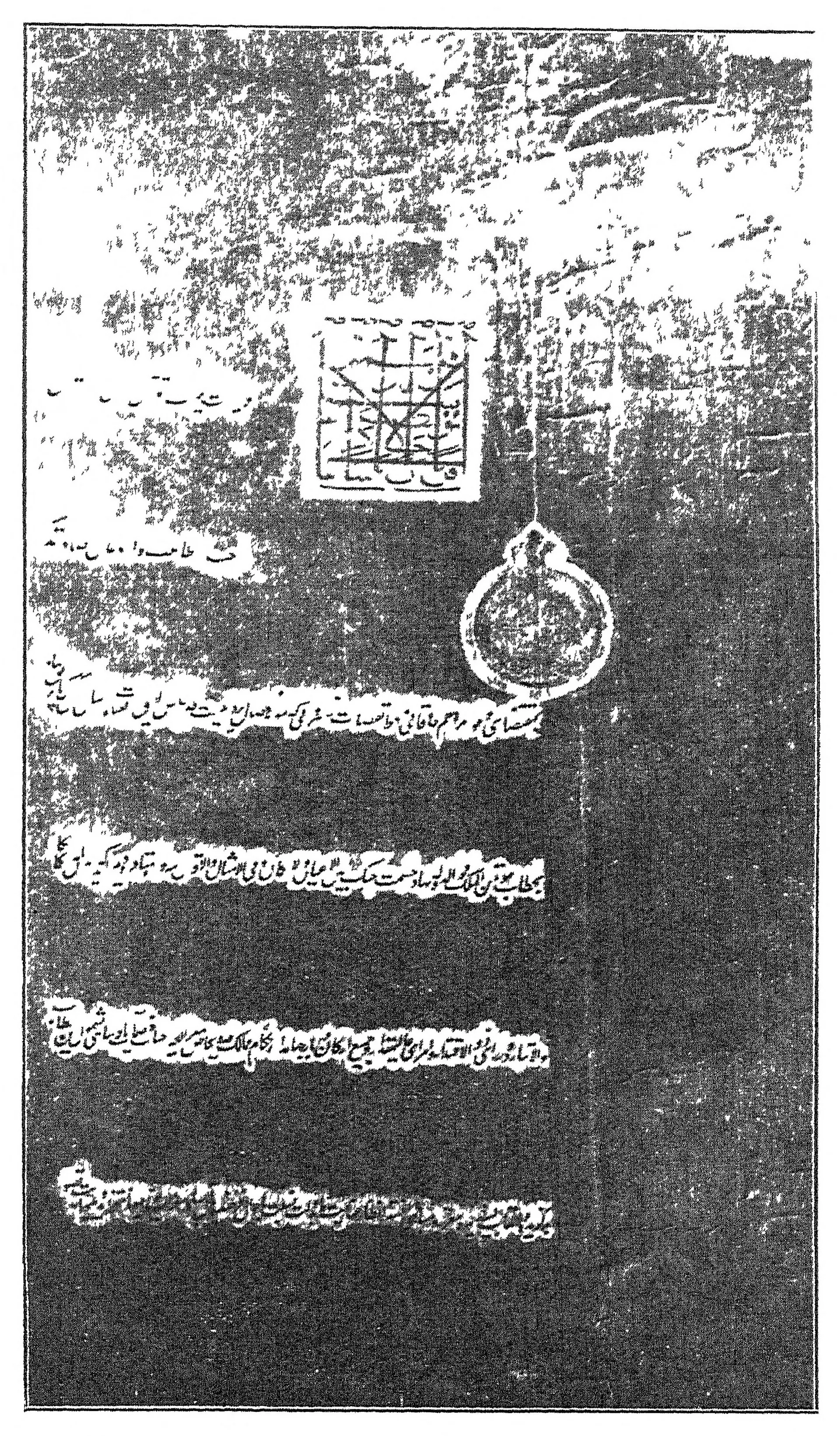 Photograph of a long farman written in widely spaced lines, with a square device and a round seal at the top.
