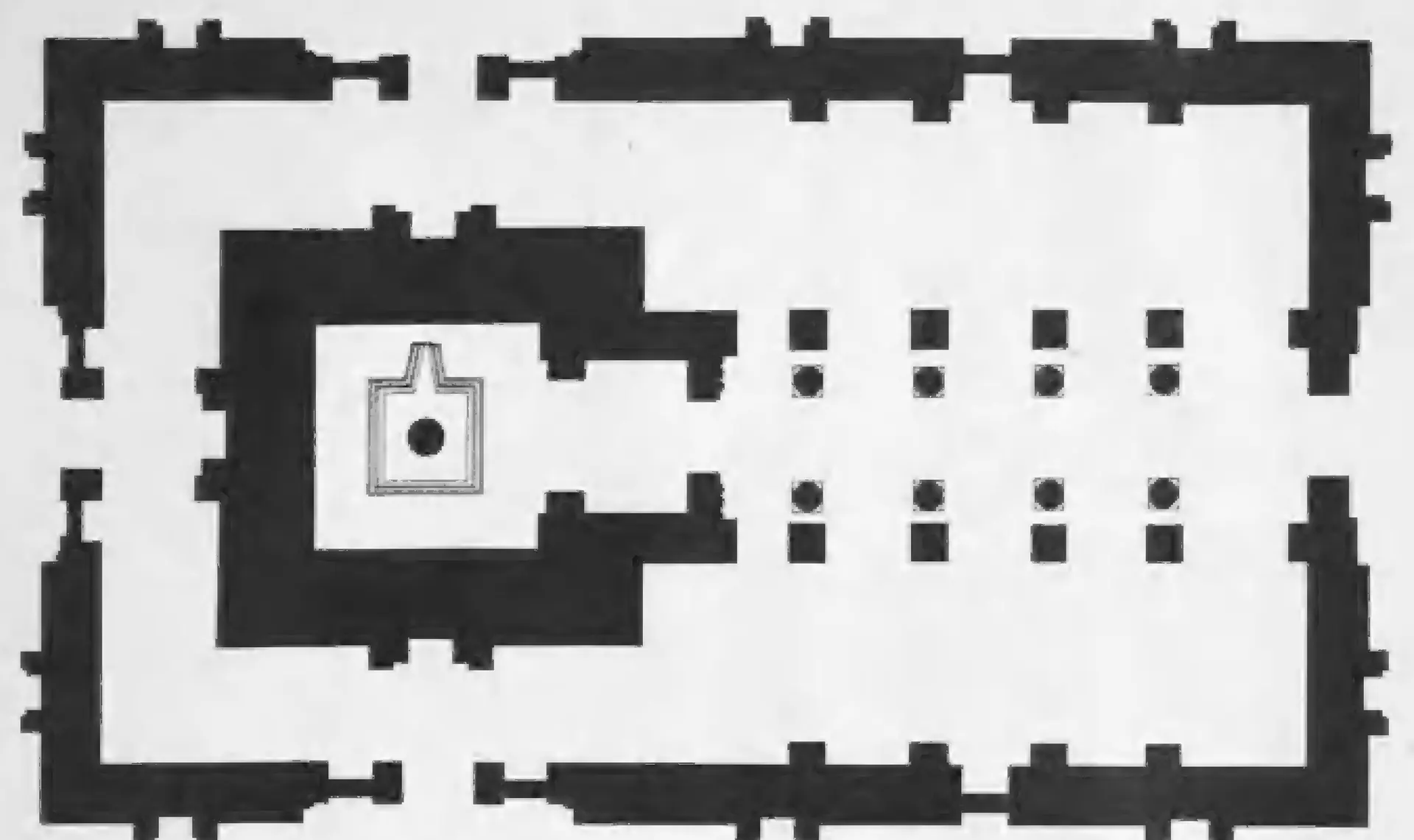 Ground plan of a rectangular temple without a porch: rows of pillars divide a nave and aisles, and a square shrine at the left is enclosed by a passage.