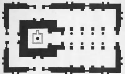 Ground plan of a rectangular temple without a porch: rows of pillars divide a nave and aisles, and a square shrine at the left is enclosed by a passage.