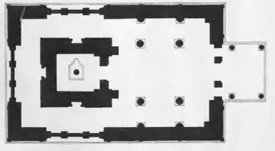 Ground plan of a small rectangular temple with a porch at the right, a hall with four pillars, and a square shrine at the left surrounded by a passage.