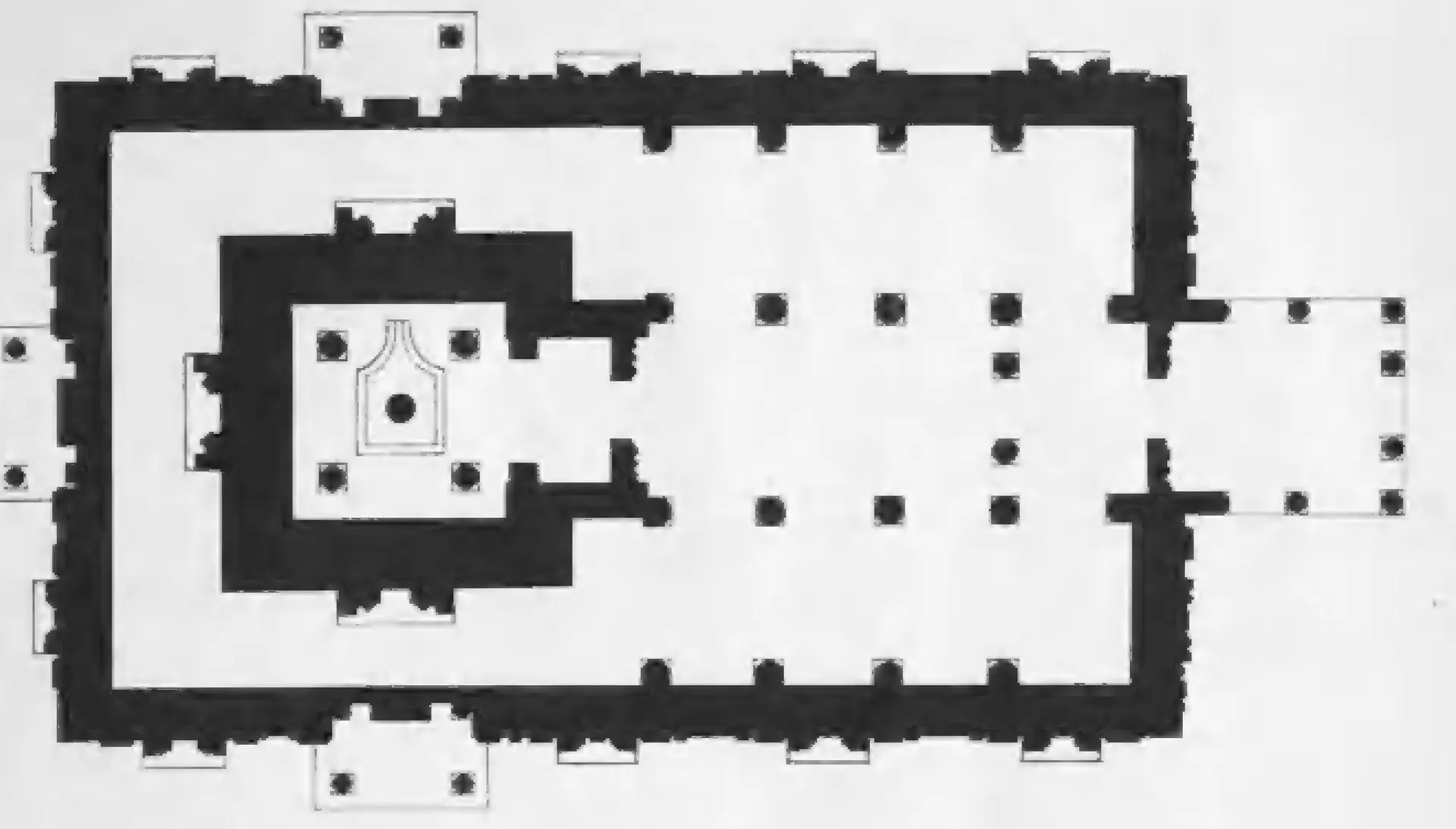Ground plan of a rectangular temple with a pillared porch at the right, a pillared hall, and a square shrine at the left with four pillars round the linga, all inside an outer corridor.