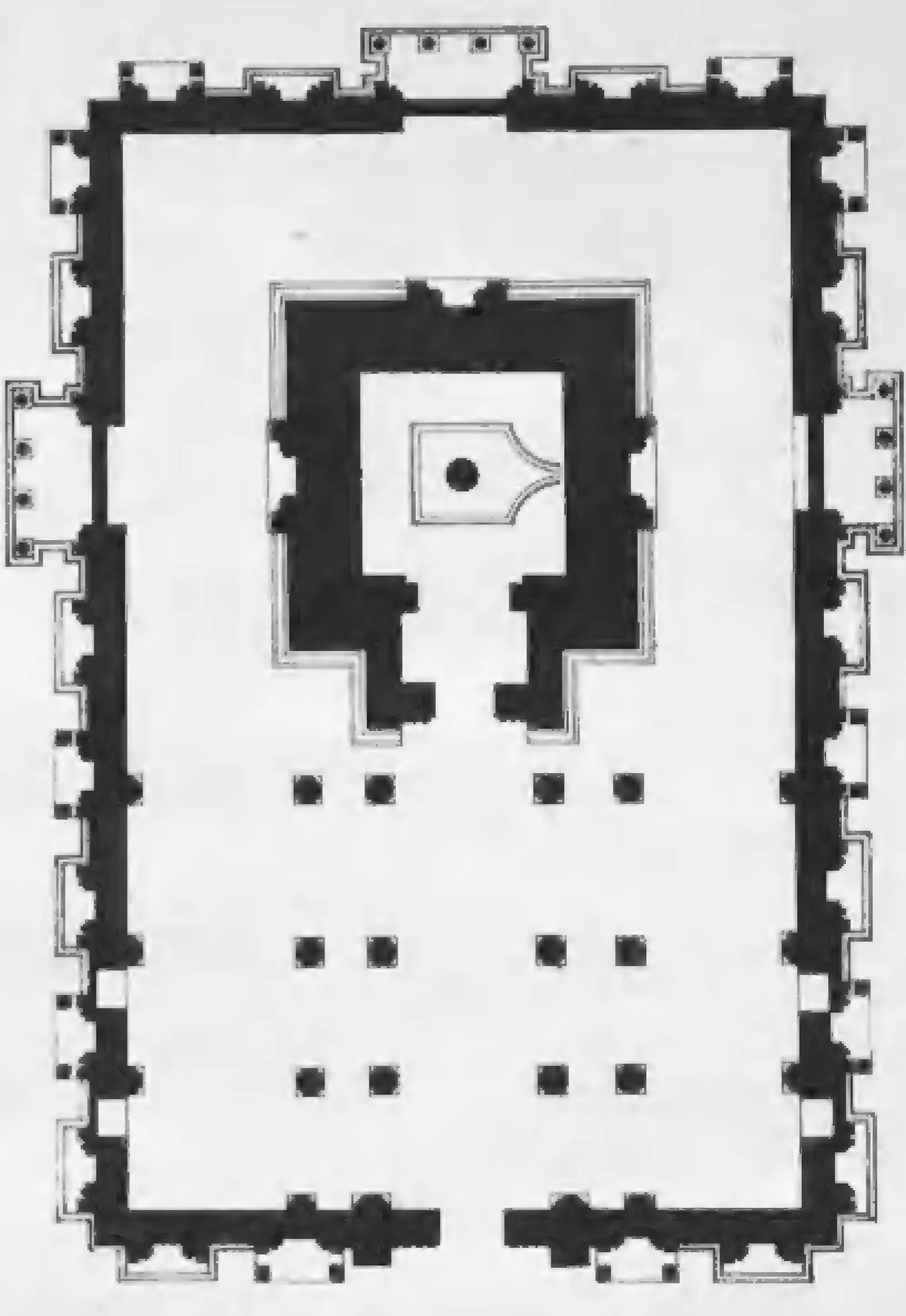 Ground plan of a rectangular temple: a pillared nave and aisles lead to a square shrine with a linga, enclosed by a passage and a thick outer wall with projecting niches.