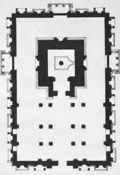 Ground plan of a rectangular temple: a pillared nave and aisles lead to a square shrine with a linga, enclosed by a passage and a thick outer wall with projecting niches.