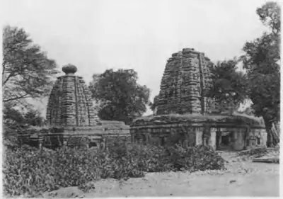 Old photograph of two stone temples with curved towers, one with its round crowning stone, rising behind low bushes, with trees around.