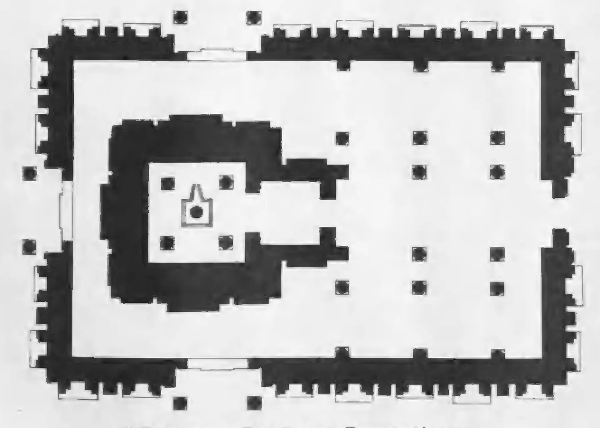 Ground plan of a rectangular temple with projecting niches on the outer wall, a pillared nave and aisles, and a square shrine at the left inside a corridor.