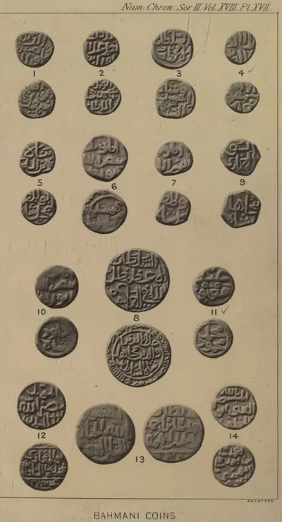 Collotype plate of fourteen numbered coins on a buff ground, most of them small copper pieces with worn Arabic legends, a large gold coin numbered 8 in the middle and a large copper coin numbered 13 below it; the plate is headed with the journal reference and captioned Bahmani Coins.