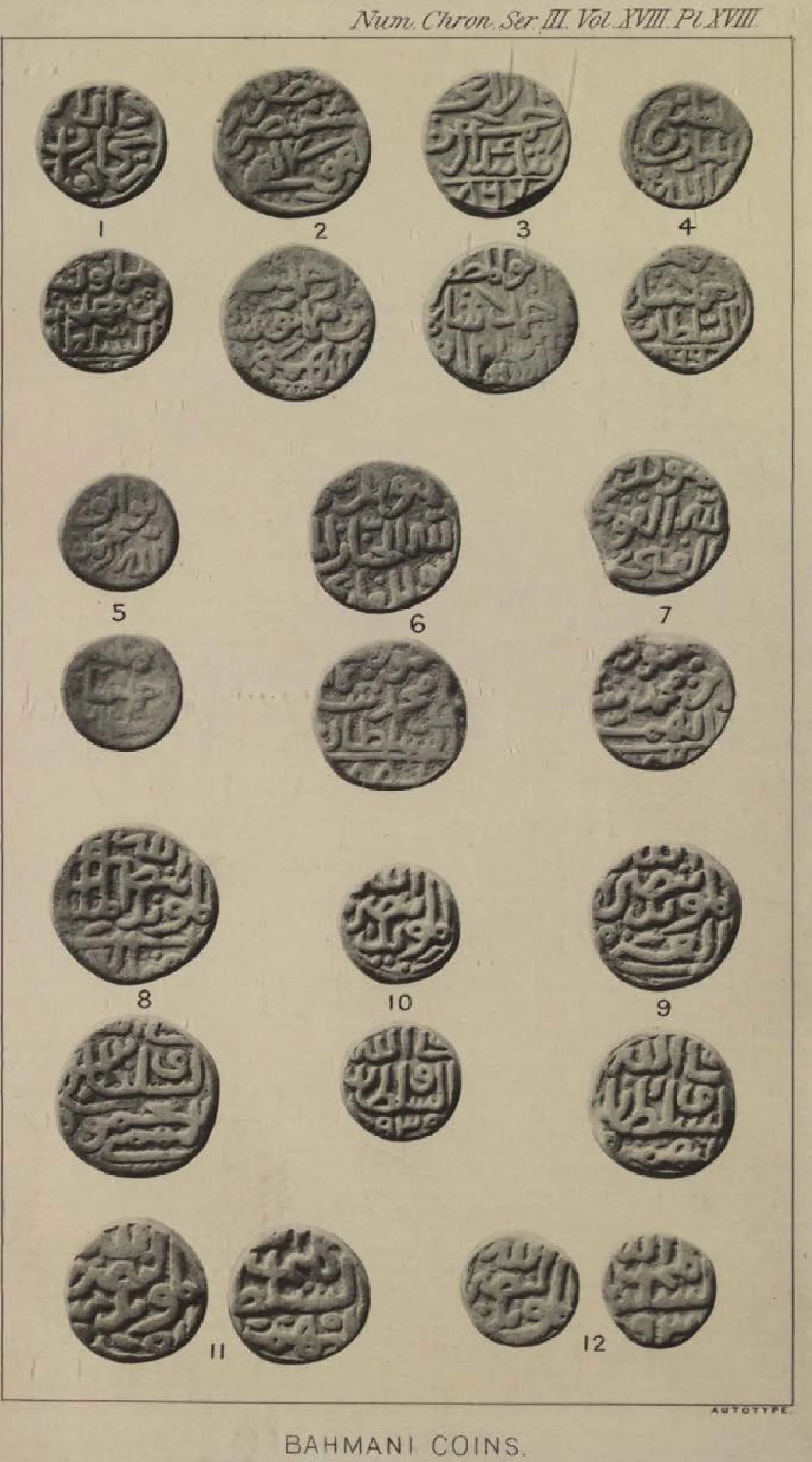 Collotype plate of twelve numbered copper coins on a buff ground in four rows, worn Arabic legends in rounded fields, captioned Bahmani Coins at the foot.
