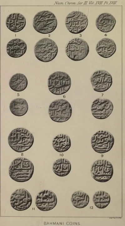 Collotype plate of twelve numbered copper coins on a buff ground in four rows, worn Arabic legends in rounded fields, captioned Bahmani Coins at the foot.