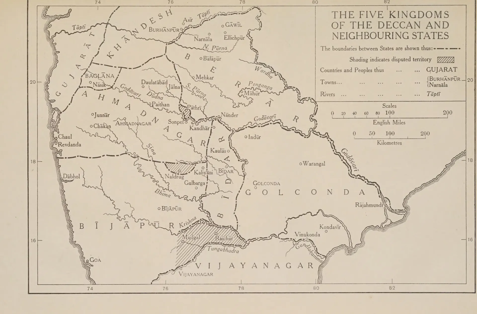 Printed outline map of the Deccan between the Tapti and the Tungabhadra with rivers and dash-dot state boundaries; capital letters name Ahmadnagar, Berar, Bidar, Bijapur, Golconda and Vijayanagar, with Warangal, Rajahmundry, Kondavir and Vinukonda in Golconda and hatched disputed land in the Raichur doab; a title box at the top right.
