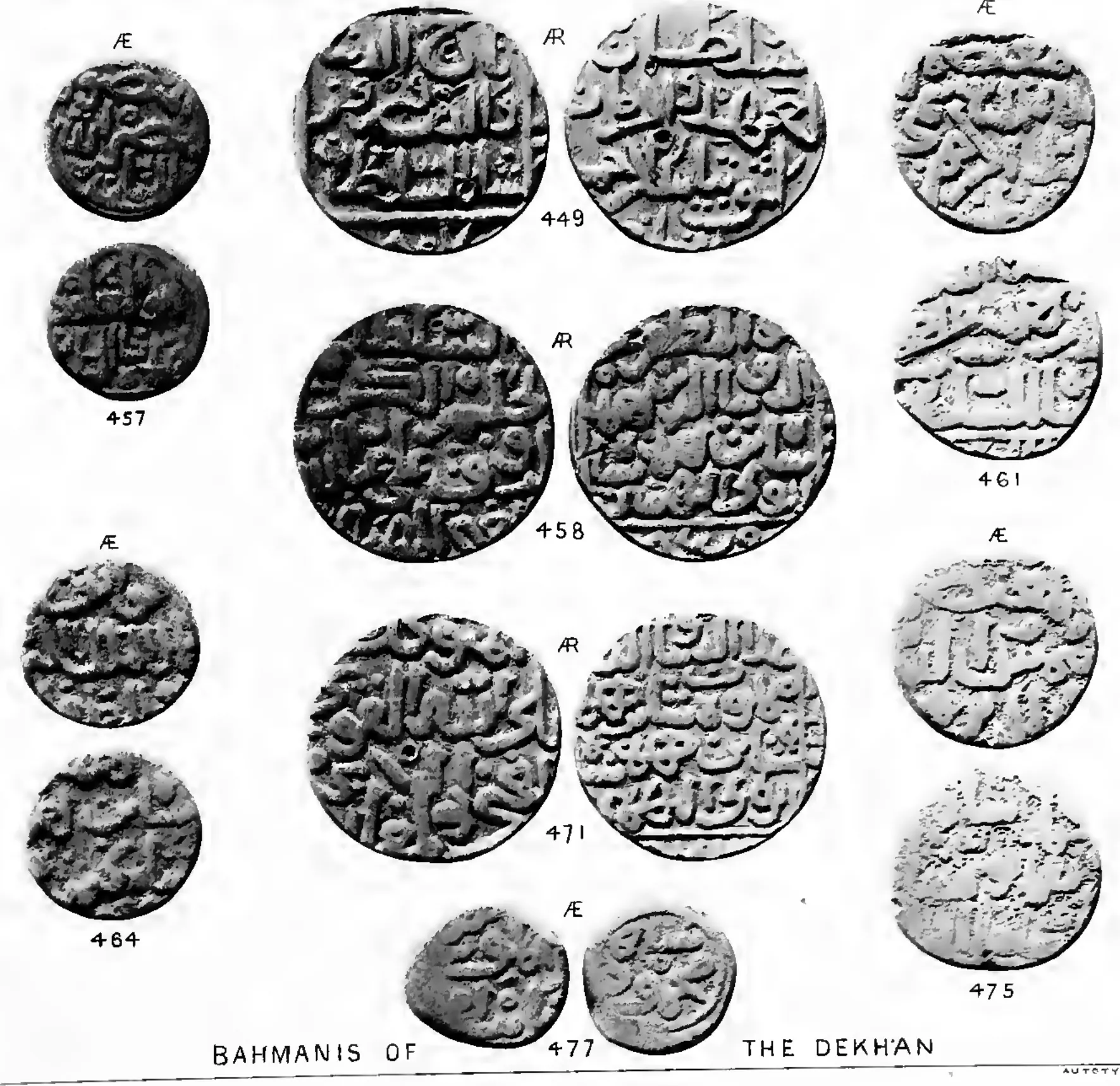 Photographic plate of Bahmani coins on a white ground: large silver coins with Arabic legends in a square frame in the middle column, smaller copper coins at the sides, each with a catalogue number; a caption at the foot reads Bahmanis of the Dekhan.