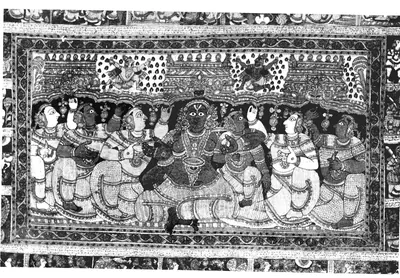 Black-and-white photograph of a painted cloth: a dark-skinned Krishna sits in the centre among women, under a row of arches, with a border of small scenes all round.