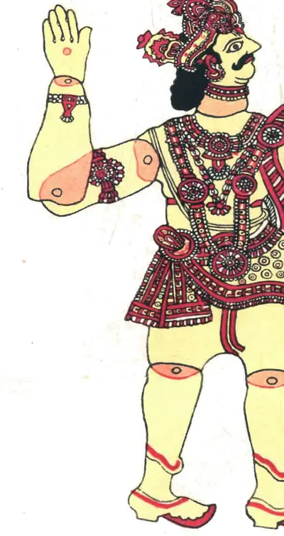 Colour picture of a leather shadow puppet of a man with raised hands, a crown and a moustache, decorated in red and black on a cream ground.