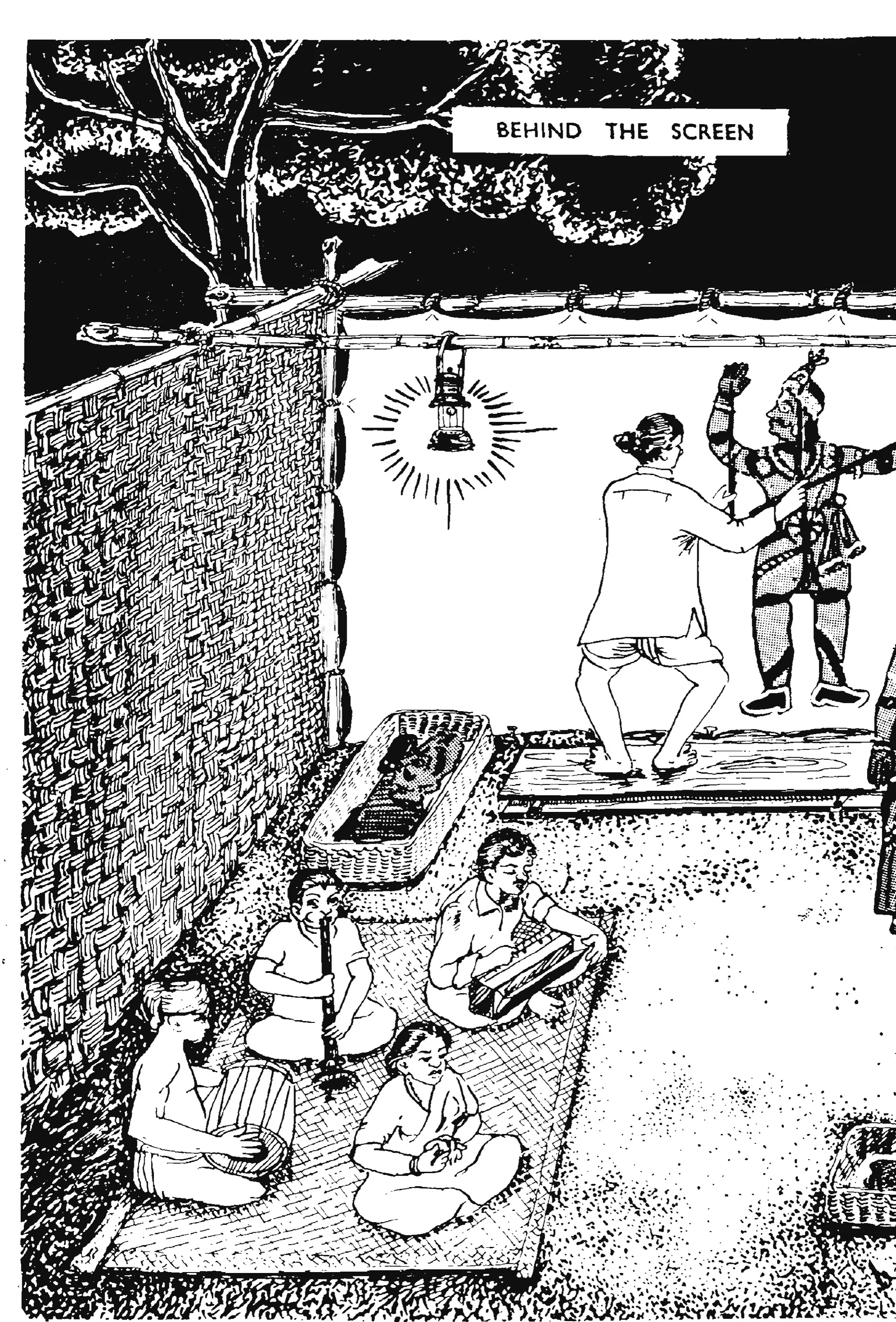 Ink drawing of a night-time puppet show from behind the screen: two men press puppets against a lit cloth screen under hanging lanterns, while musicians sit on a mat and baskets of puppets lie nearby.
