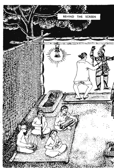 Ink drawing of a night-time puppet show from behind the screen: two men press puppets against a lit cloth screen under hanging lanterns, while musicians sit on a mat and baskets of puppets lie nearby.