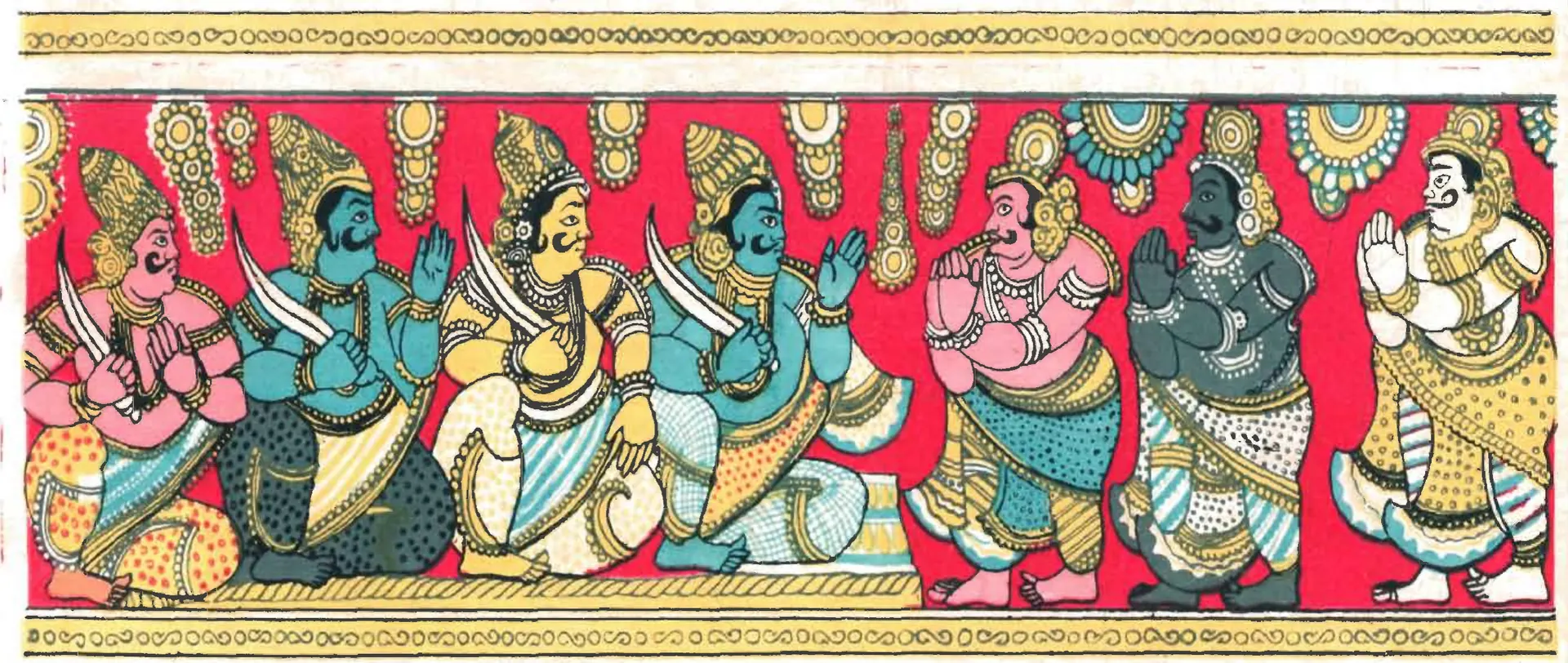Colour picture of a long painted cloth strip on a red ground: crowned seated figures with swords on the left, and standing figures with joined hands on the right, between yellow borders.
