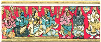 Colour picture of a long painted cloth strip on a red ground: crowned seated figures with swords on the left, and standing figures with joined hands on the right, between yellow borders.