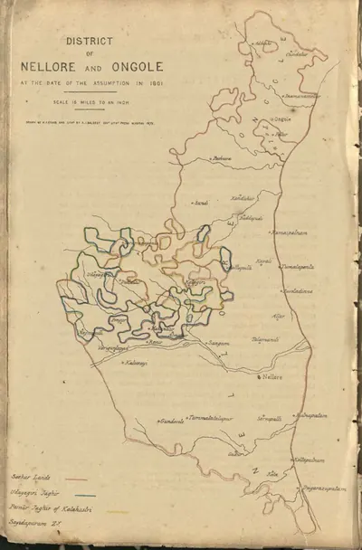 Coloured map of the Nellore and Ongole district in 1801, with coloured outlines distinguishing the Sircar lands, the Udayagiri jaghir, the Pamur jaghir of Kalahasti and Sandapuram, and towns including Ongole, Kandukur, Kavali, Nellore, Atmakur, Gudur and Udayagiri.