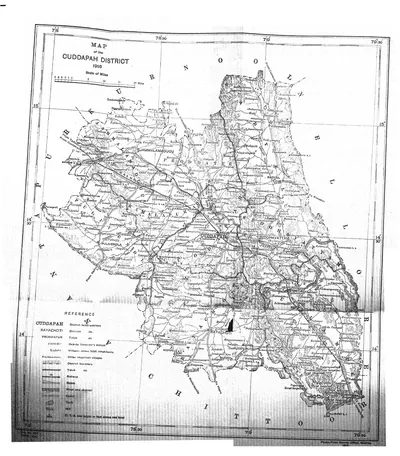 Folding map of the Cuddapah district with Kurnool, Nellore and Chittoor around it, taluk boundaries, the Penner river, roads and railway, and a reference key; the scan has a few creases.