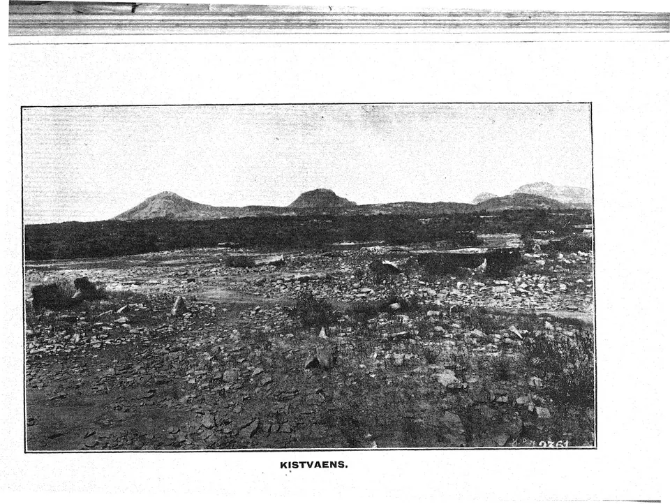Photograph of a stony field scattered with the slabs of prehistoric cist burials, with hills on the horizon. Printed sideways.