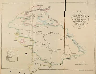 Coloured folding map of the Nizam's dominions with coloured boundaries for territories retained, retransferred and ceded, roads and railway, and numbered taluks on the Godavari (Rakapelly, Buddrachellum, Cherla, Albaka, Seroncha).