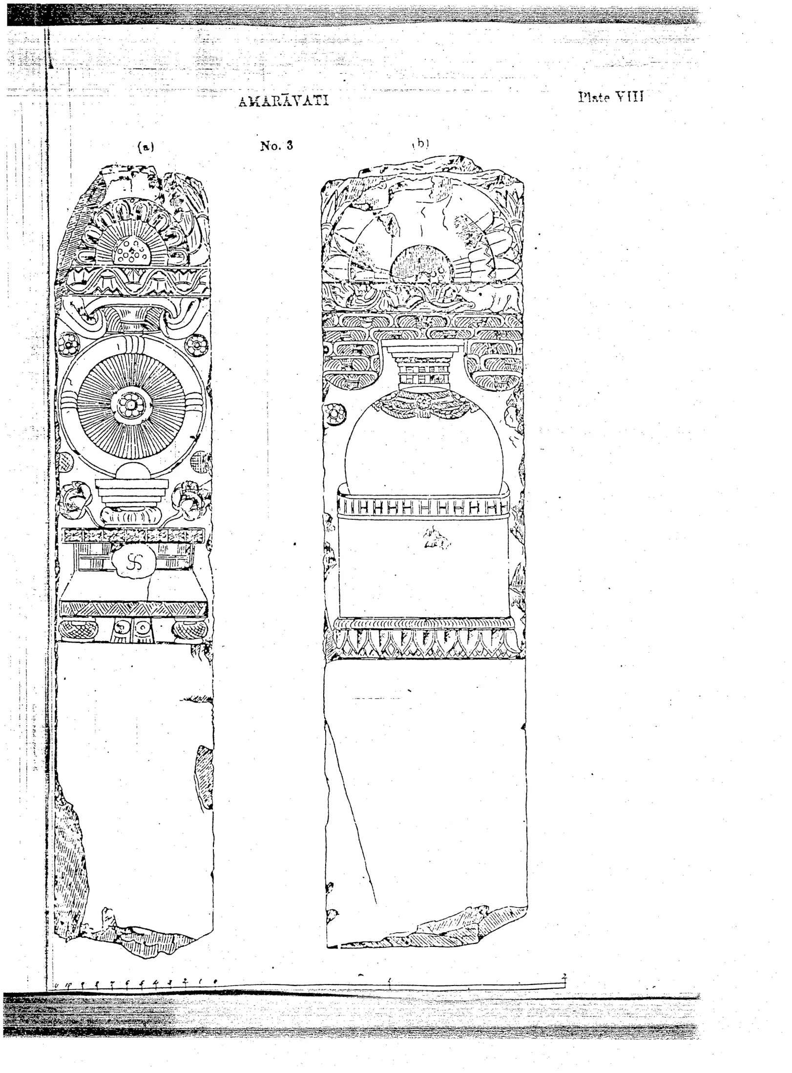 Line drawings of the front and back of a tall carved limestone slab from Amaravati with a wheel, a stupa, rails and lotus medallions.