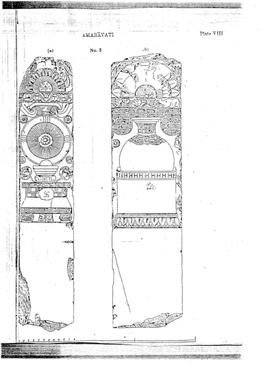 Line drawings of the front and back of a tall carved limestone slab from Amaravati with a wheel, a stupa, rails and lotus medallions.