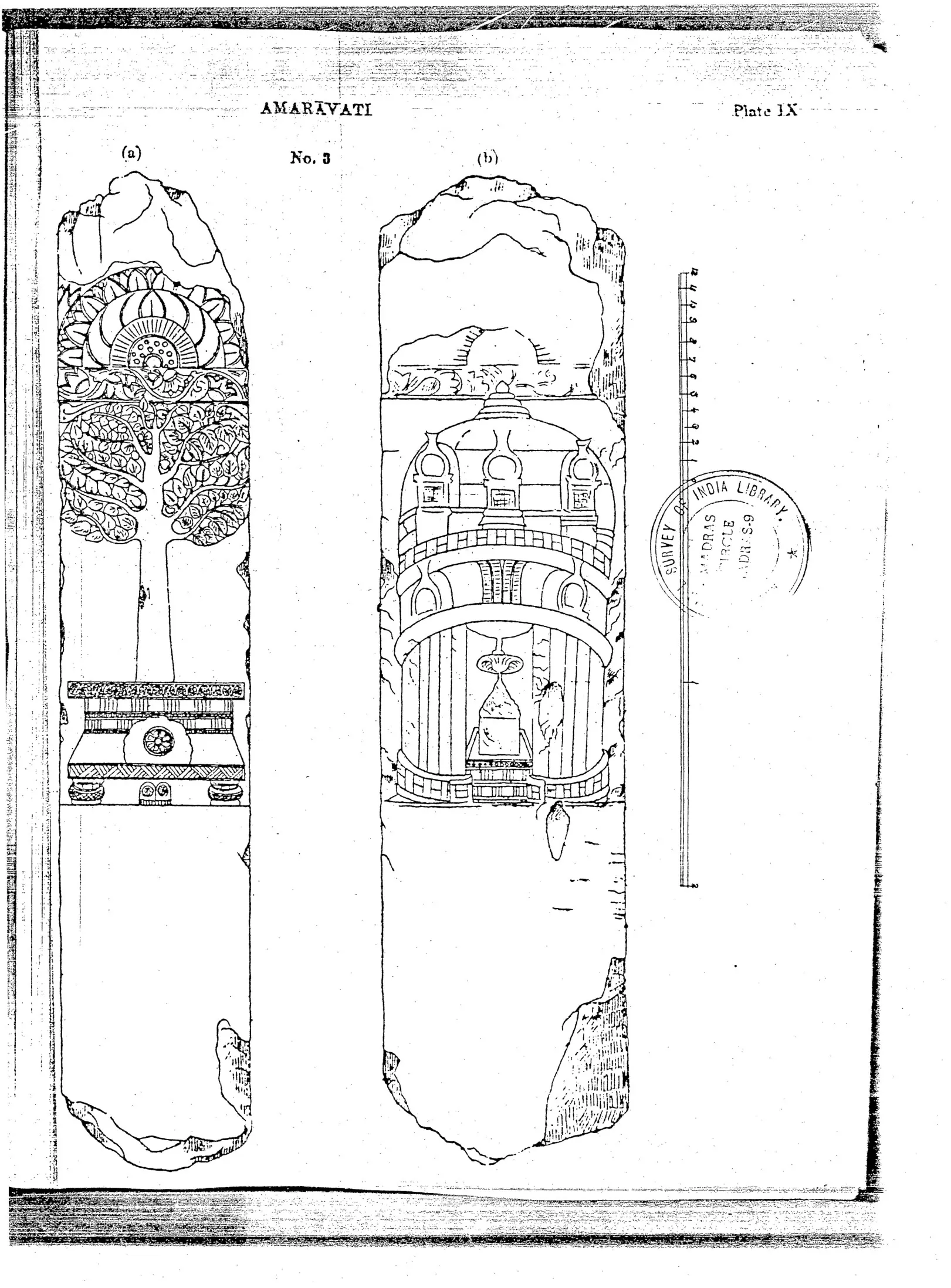 Line drawings of the two sides of a carved Amaravati slab: one side with a sacred tree above a throne, the other with a domed stupa and railing.
