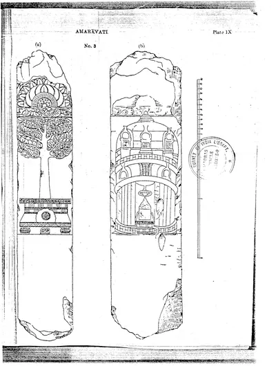 Line drawings of the two sides of a carved Amaravati slab: one side with a sacred tree above a throne, the other with a domed stupa and railing.