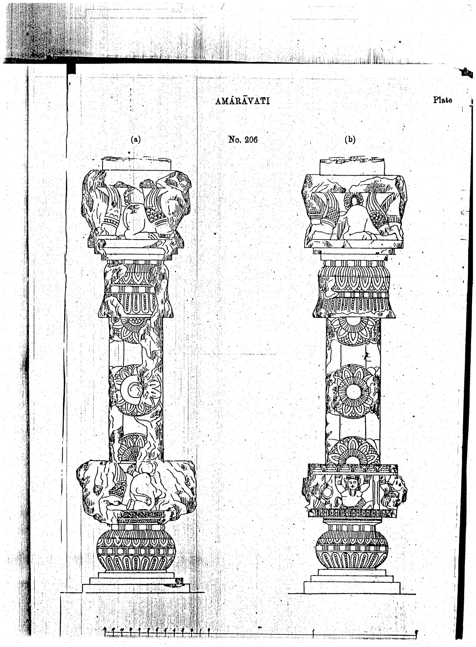 Line drawings of two faces of a carved pillar from Amaravati with lotus medallions, a bell-shaped base and an animal capital.