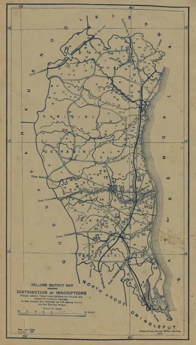Map of the Nellore district along the coast of the Bay of Bengal, marking the places where inscriptions were found and distinguishing those with Tamil inscriptions; printed upside down on the page.