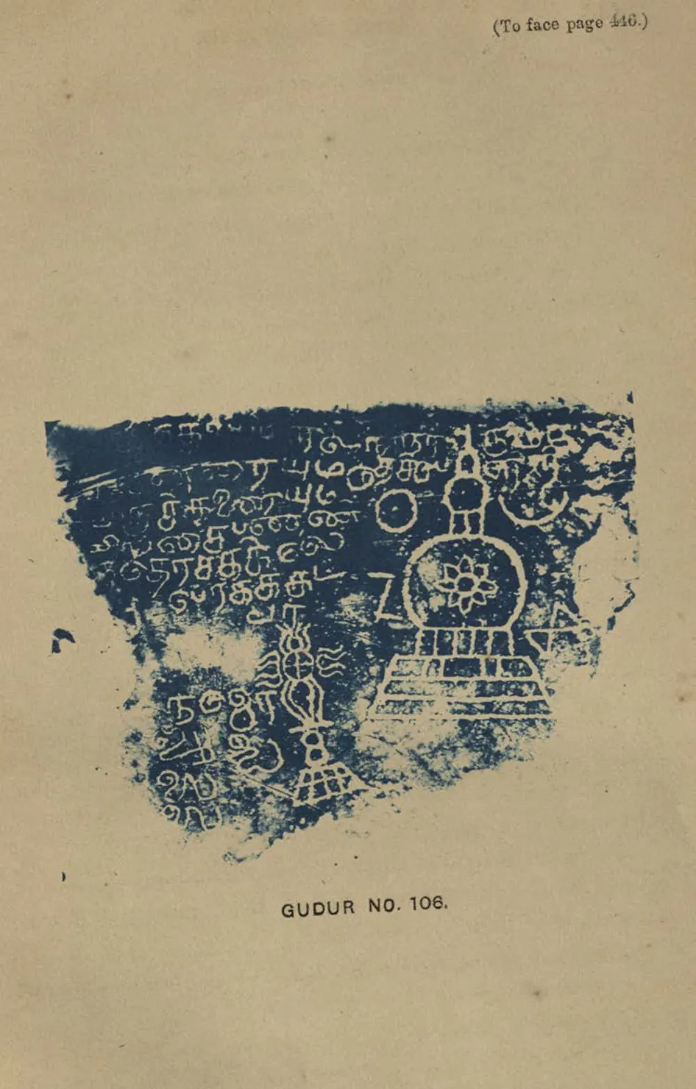 Blue cyanotype impression of a broken inscribed stone with carved emblems beside the text.
