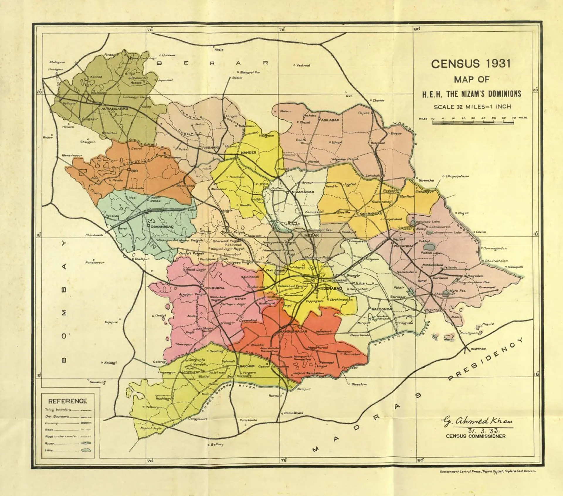 Coloured map of Hyderabad State in 1931 with each district in a different colour, railways and roads, Berar to the north, the Bombay Presidency to the west and the Madras Presidency to the south and east; signed by the Census Commissioner, G. Ahmed Khan.