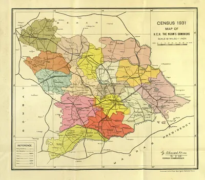 Coloured map of Hyderabad State in 1931 with each district in a different colour, railways and roads, Berar to the north, the Bombay Presidency to the west and the Madras Presidency to the south and east; signed by the Census Commissioner, G. Ahmed Khan.
