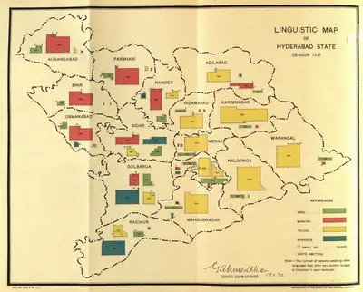 Map of the districts of Hyderabad State with coloured rectangles sized by the number of speakers of Urdu, Marathi, Telugu and Kanarese in each district; the Telugu (yellow) blocks fill the eastern districts.