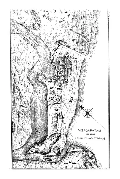 Old plan of Vizagapatam town in 1758: the walled town and fort on a spit of land between the river backwater and the sea, with hills, gardens and a compass rose.